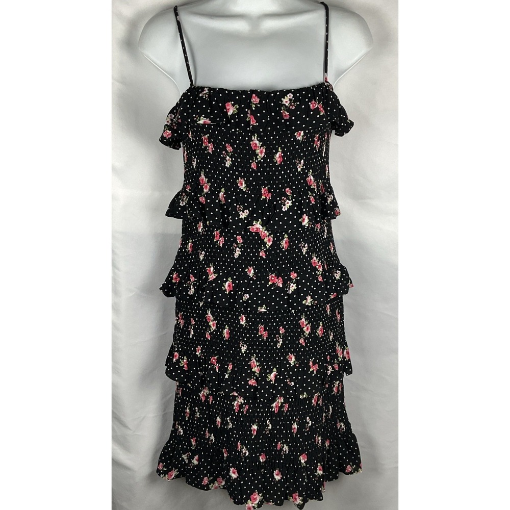 Illa Illa Women's Small Black Floral Pola Dot Tiered Smocked ‎ Sundress Strappy